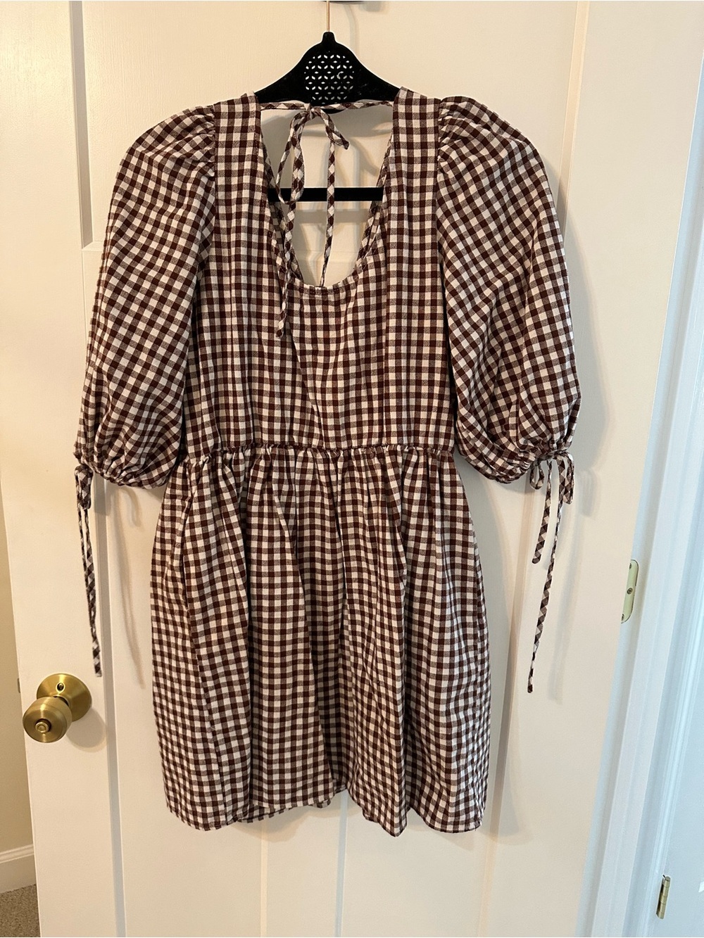 Gingham Tie-Front Mini Dress in Brown and White - Picture 6 of 6